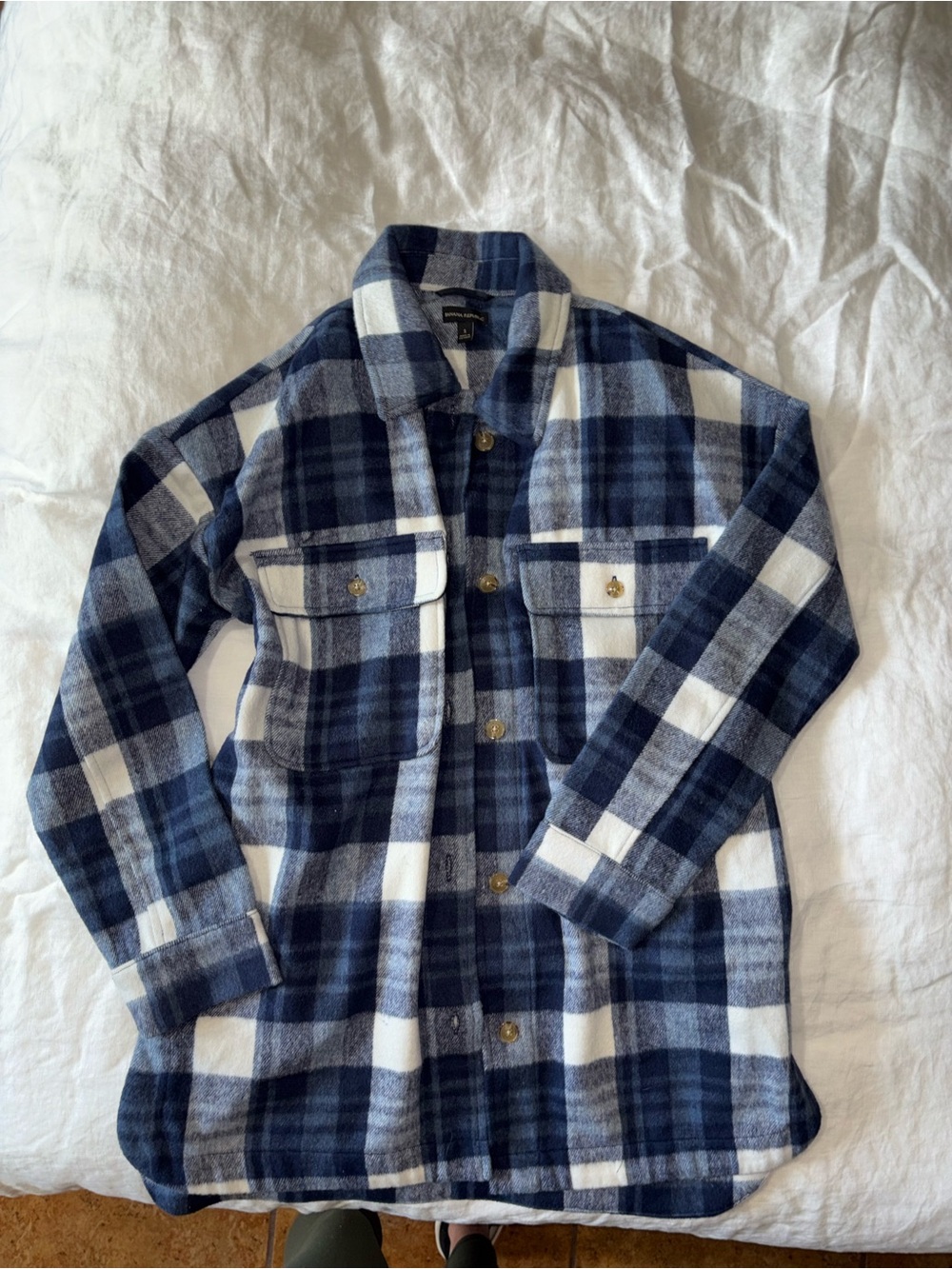 Banana Republic Navy and White Plaid Button-Up Shirt Jacket